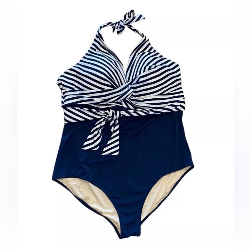 Swimsuits for all navy and White Striped One Piece Swimsuit faux wrap Sz 18